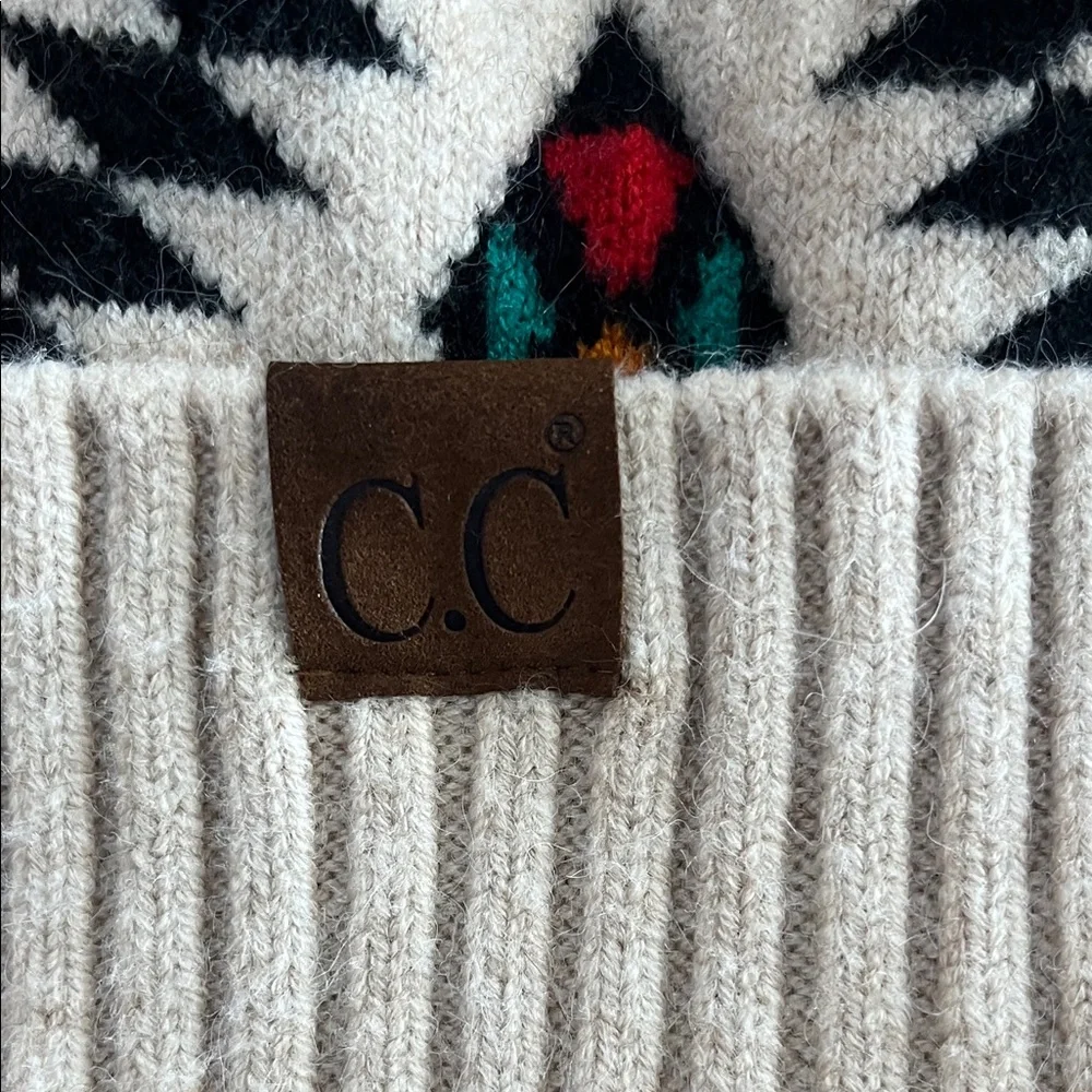CC Boutique Aztec Print Knit Beanie with Pom Pom - Cream and Black